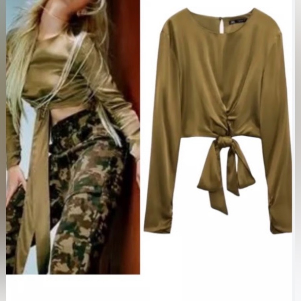 Zara Satin Tie-front Crop Top In Olive Green (SKU536)